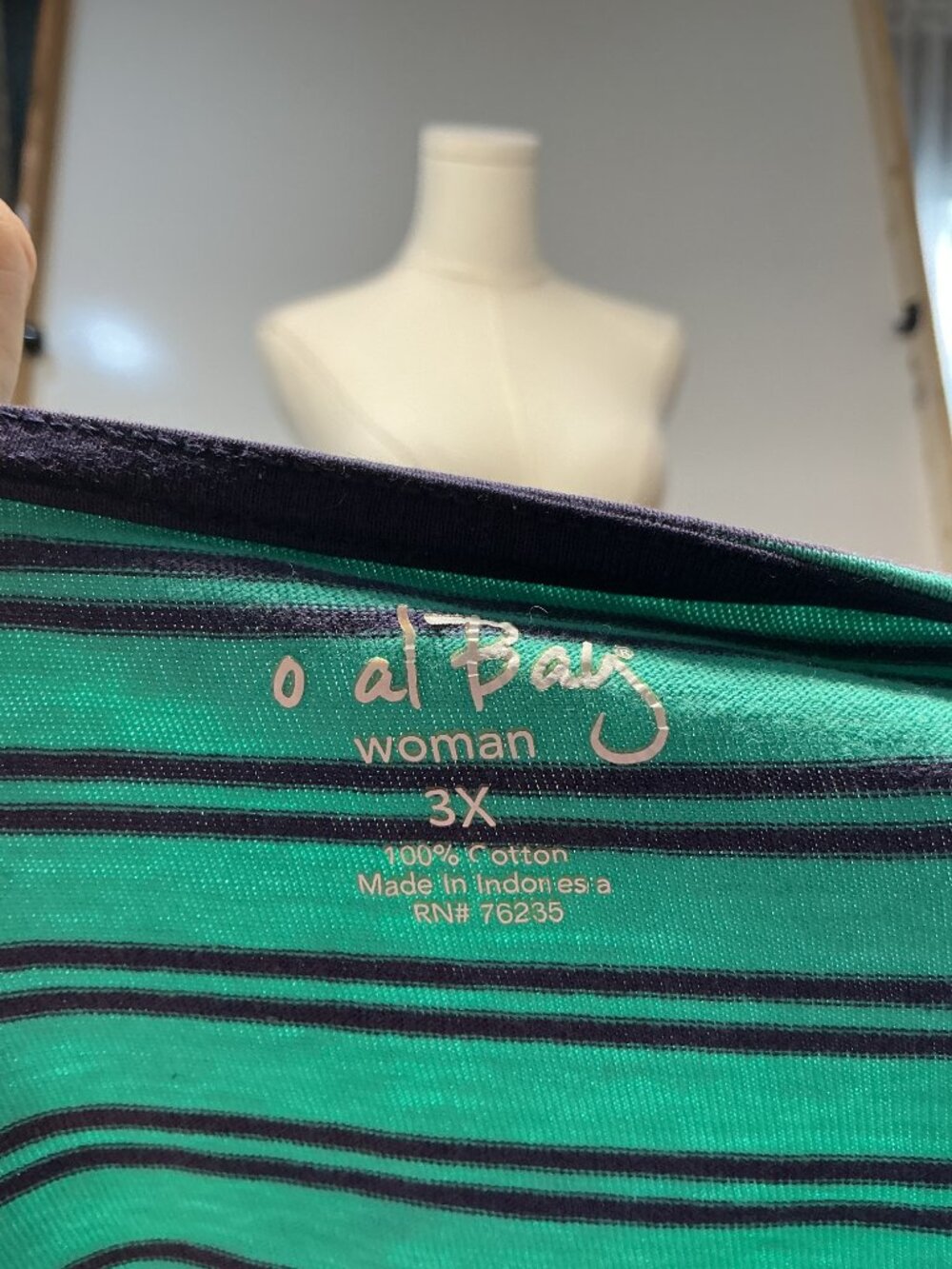 Coral Bay Woman 3X Green Navy Striped Cotton Top Button Shoulder Plus Size - Picture 4 of 10